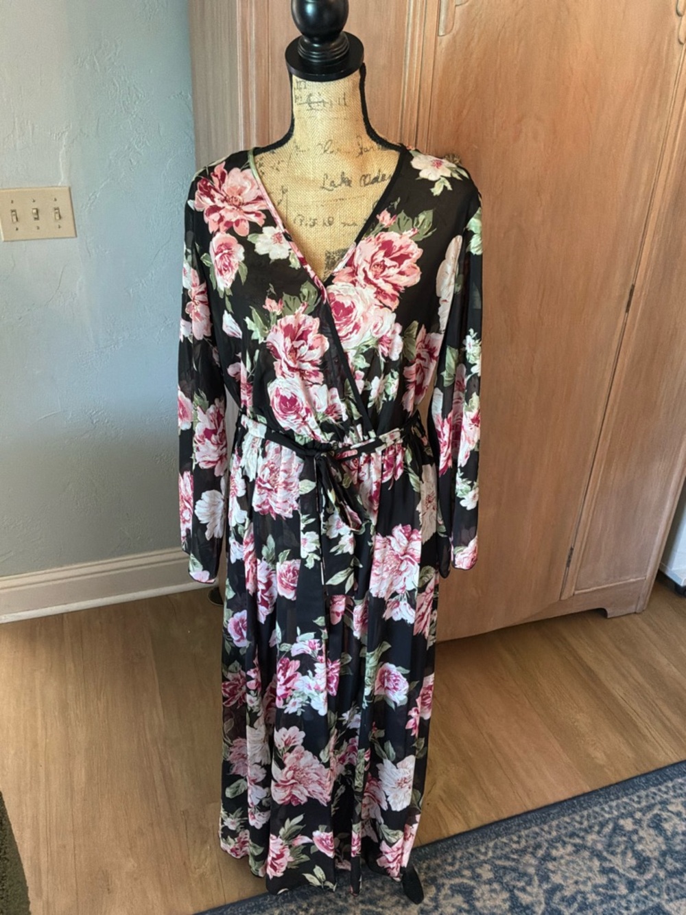 Alexa B Black black Floral Belted Maxi Dress wedding guest plus bell sleeve 16W
